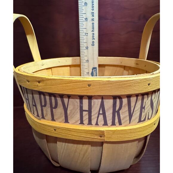 Wooden Happy Harvest Basket Fall Decoration 6" Tall 6.5" Diameter - Picture 9 of 10